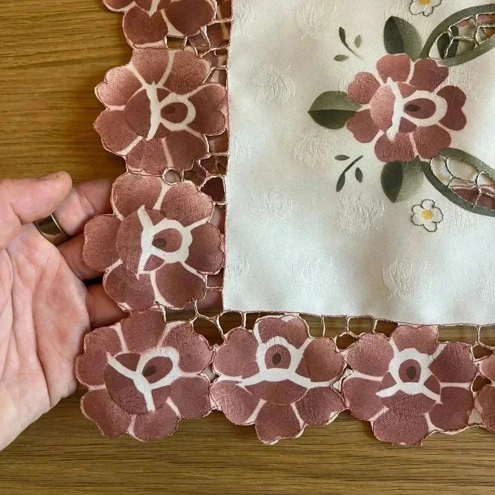 Set of 3 Floral Embroidered Satin Doilies - 16x10 Pink Flower Lace Edge